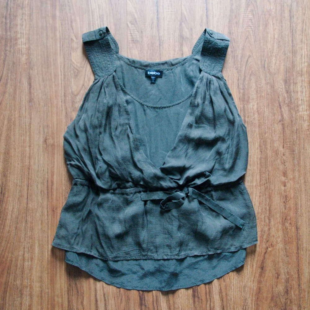 Bebe Sleeveless 100% Silk Blouse Dark Army Green